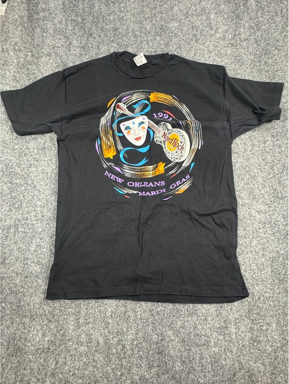 Hard Rock Cafe Mens T Shirt XL Black New Orleans Mardi Gras 1991 Graphic Print